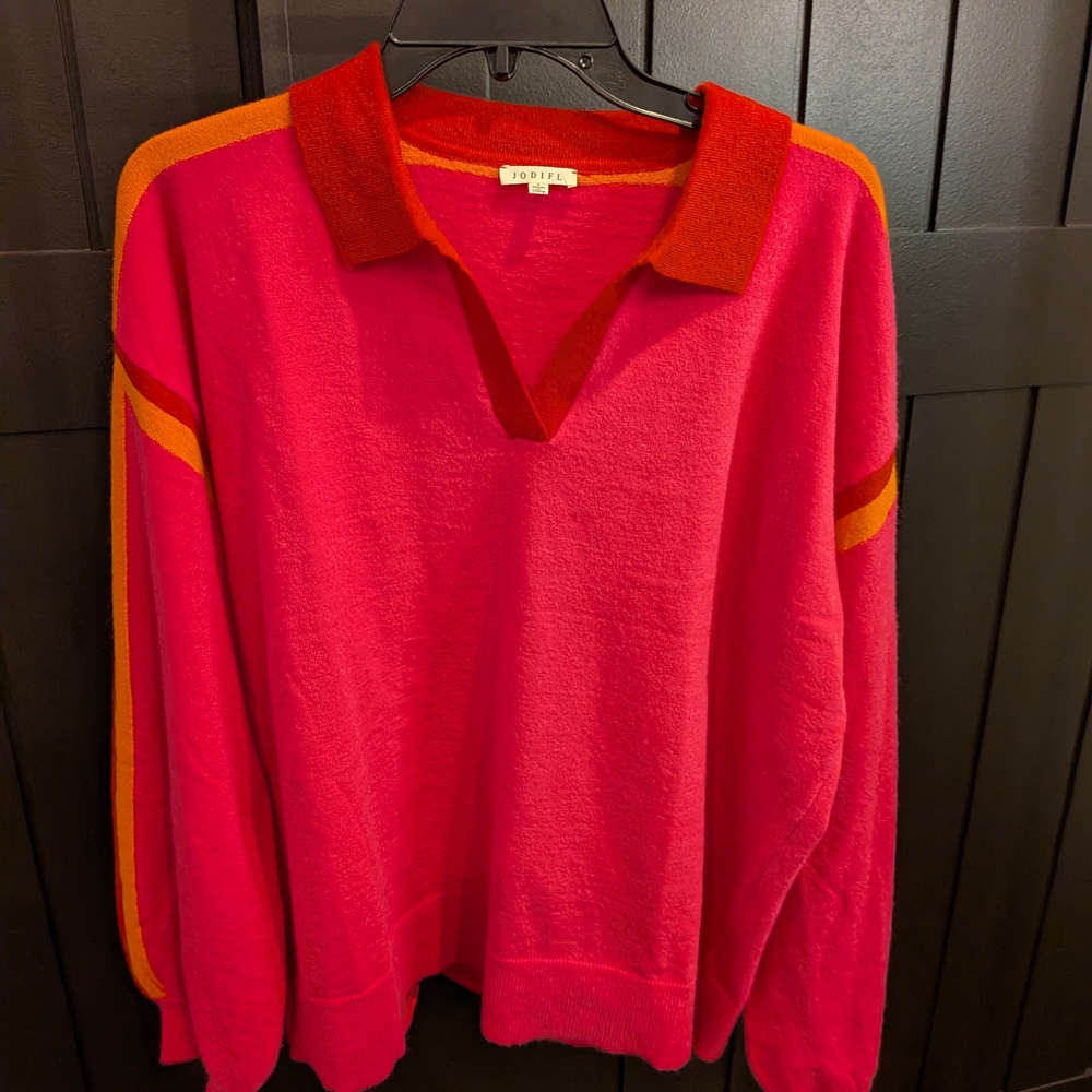 JODIFL Vibrant Pink and Orange Collar Top